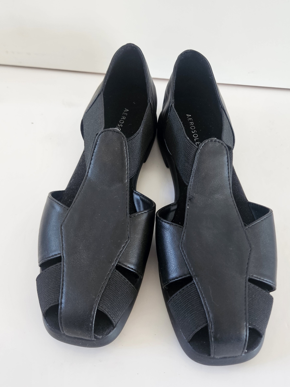 AEROSOLES Black Leather Open-Side Slip-On Flats Size 10W - Picture 3 of 4